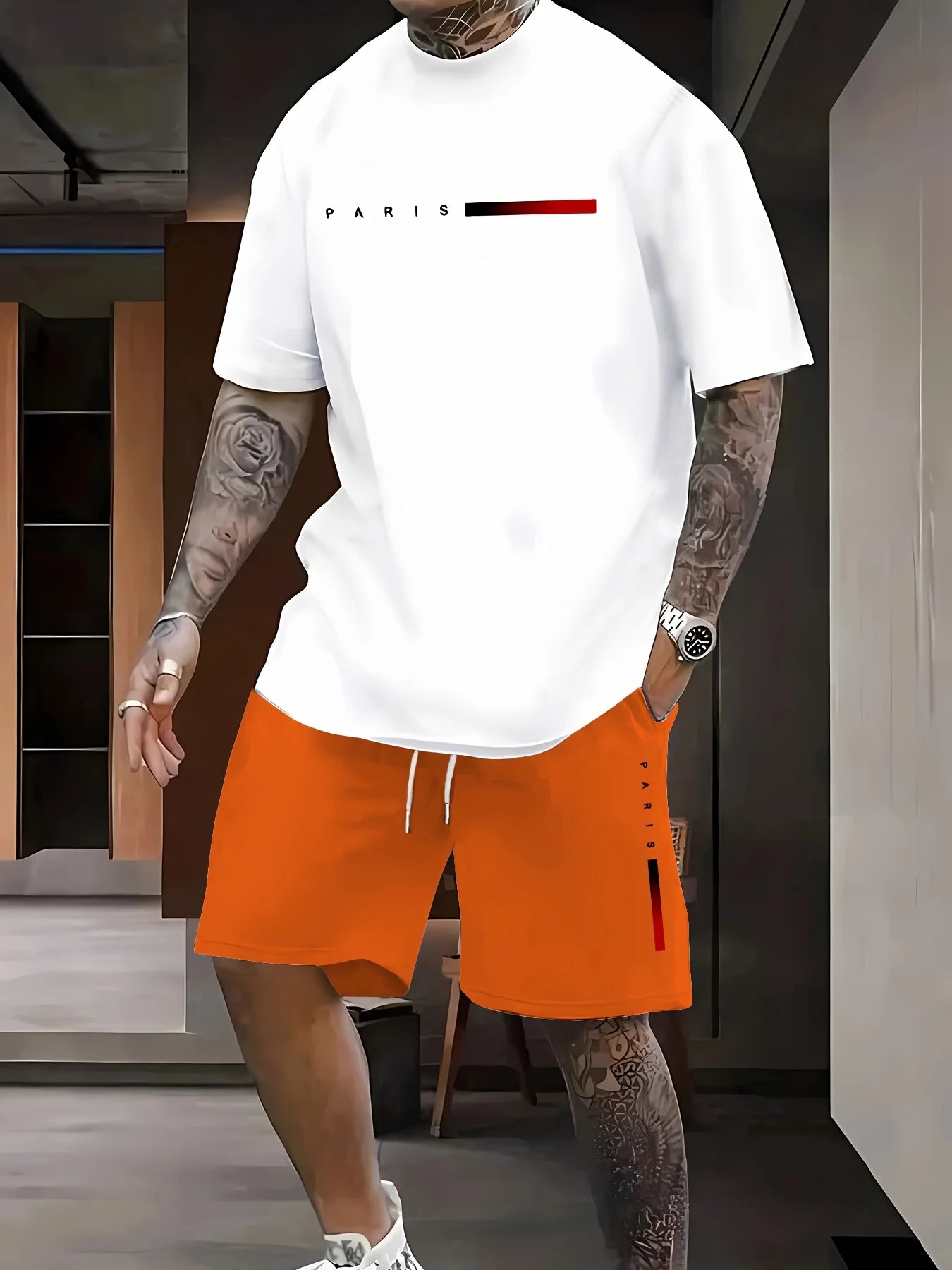 2026 Summer Casual Short-Sleeve Fashionable Breathable Sports Set Loose-Fit Quick-Dry Men's Short-Sleeve Hip-Hop Bear Print Set