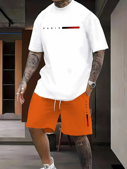Summer Gradient Color Athletic T-Shirt and Shorts Set Stylish Men's Quick-Dry Athletic Short-Sleeve Top with Drawstring Shorts