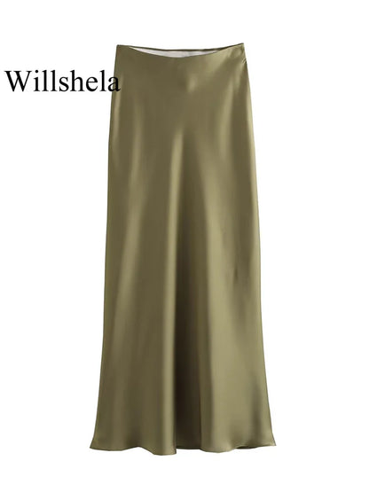 Willshela 2024 Black Satin Skirt Woman High Waist Elegant Long Skirts For Women Fashion Summer Midi Skirt Office Women's Skirts