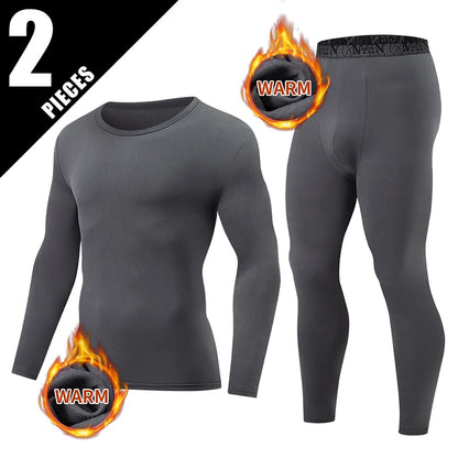 2-piece Men's Autumn And Winter Solid Color Round Neck Fashionable Printed Sports Thermal Underwear Set Simple And Comfortable