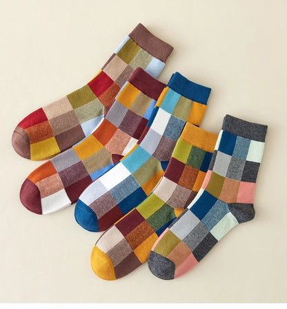 5 Pairs Combed Cotton Men's Socks Outdoor Party Compression Socks Fashion Colorful Square And Stripe Happy Dress Socks Men