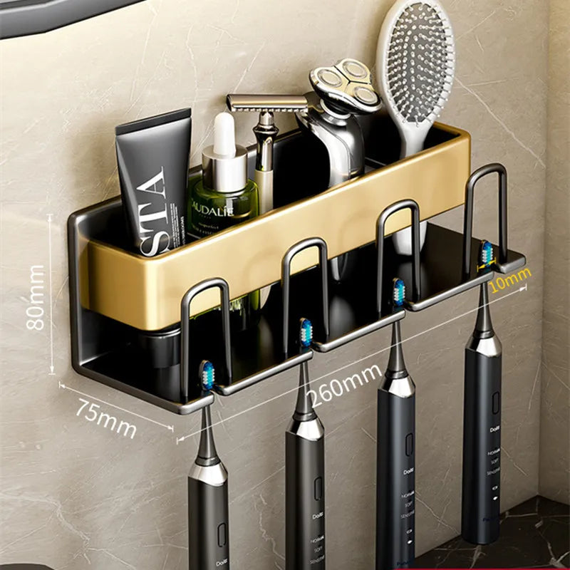 Wall Mounted Toothbrush Holder Aluminium Alloy Toothpaste Rack Bathroom Household Space Saving No Punching Bathroom Accessories