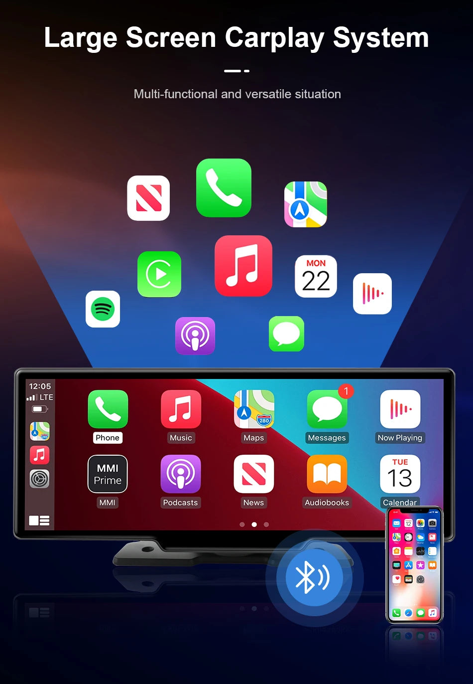 7/10.26" Wireless Carplay Screen for Car,5G Wifi Dash Cam 4K Car DVR,Android Auto Dual Lens GPS Navigation Video Recorder,FM AUX