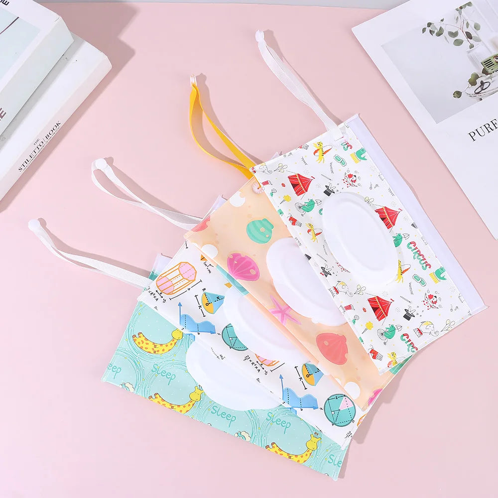 Cute EVA Baby Wet Wipe Pouch Wipes Holder Case Flip Cover Snap-Strap Reusable Refillable Wet Wipe Bag Outdoor Home Tissue Box