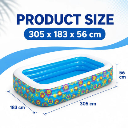 Bestway Rectangular Inflatable Family Swimming Pool 305x183x56cm Floral Outdoor Above Ground Pool for Garden Summer Water Fun