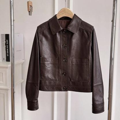 British Style Lapel Genuine Leather Jackets for Women Fashion Single-breasted Pockets Female Brown Casual Short Sheepskin Jacket