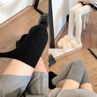 Cashmere Knitted Knee High Socks Women's Solid Soft Long Wool Socks Casual Fluffy Warm Stocking Skinny Thicken Thigh High Socks
