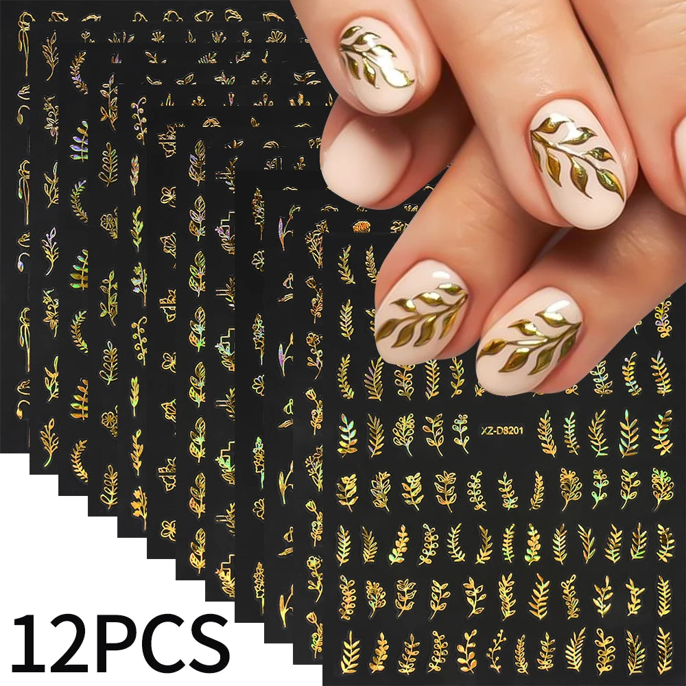 12pcs/set 3D Shiny Leaf Flower Nail Art Sticker Laer Gold Bronzing Leaves Nail Decals 8*10cm Self-Adhesive Nail Art Supplies e5#