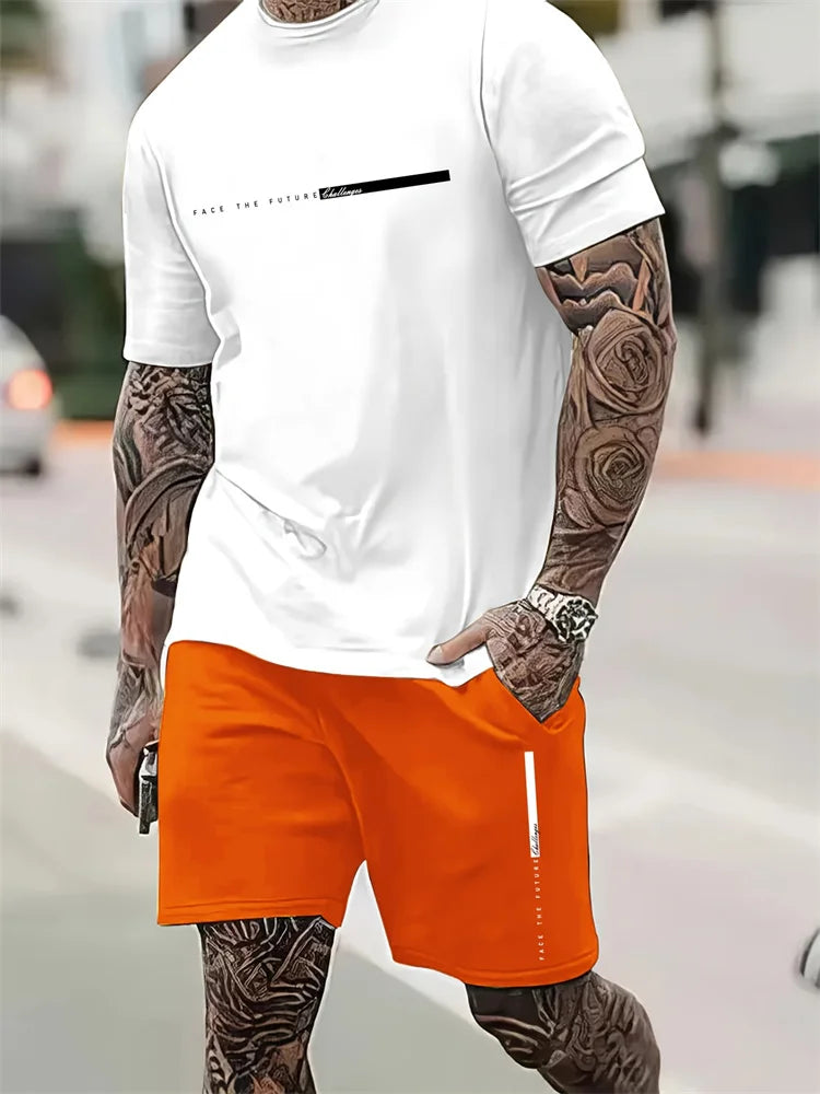 2025 New Men's Summer Round Neck Short Sleeve Suit Outdoor Sports Breathable Comfortable Shorts Suit Letter Print Casual Suit