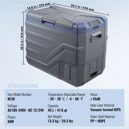 SucceBuy 30/37/45L Car Refrigerator Single Zone Portable Freezer&Built-in Light Compressor Cooler for Outdoor Camping