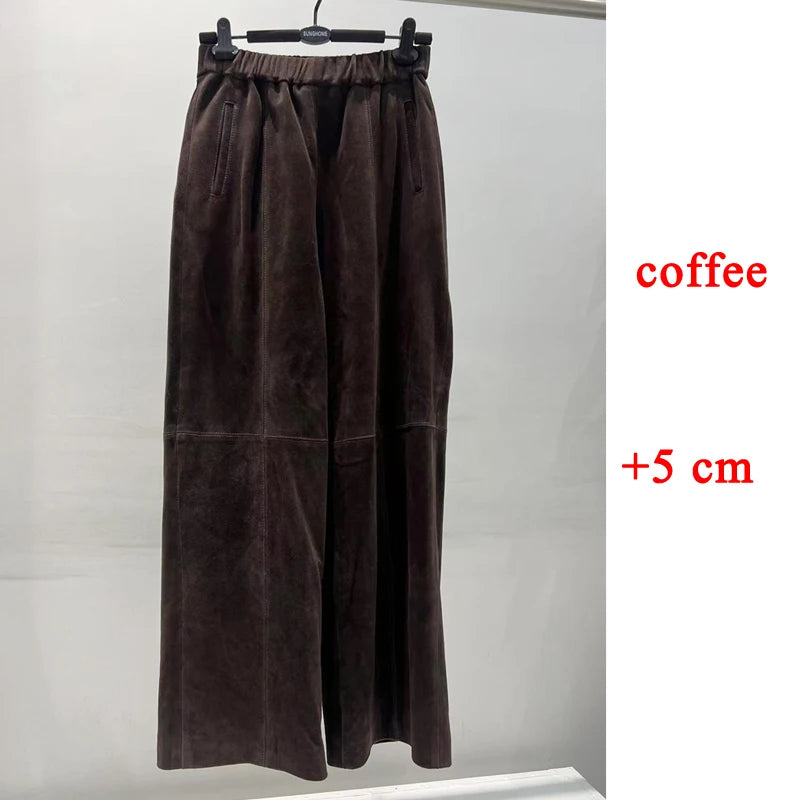 Retro Suede Leather Cropped Pants for Women Femae Genuine Leather Wide Leg Floor Long Trousers Straight Cylinder Spodnie Damskie