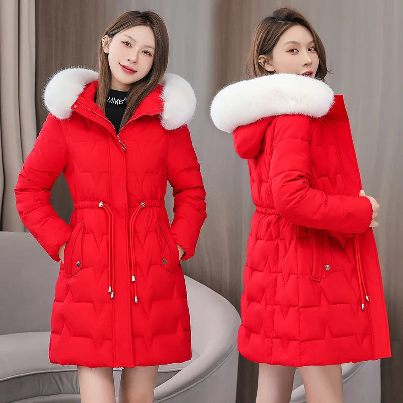 Hooded Women Parkas Coats Mid LenthJackets  Oversize Solid Fur Collar Zipper Drawstring Waist Loose Casual 2025 Autumn Winter