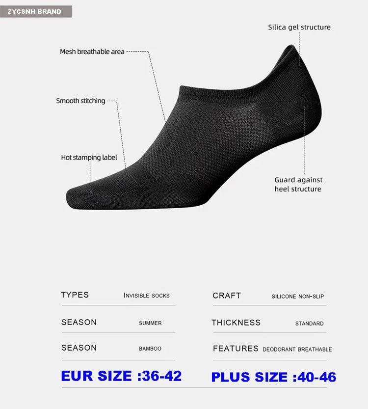 10Pairs Bamboo Socks Thin Summer Men's Invisible Socks Absorbent Deodorant Harajuku Bamboo Fiber Mesh Short Sock Black Plus Size