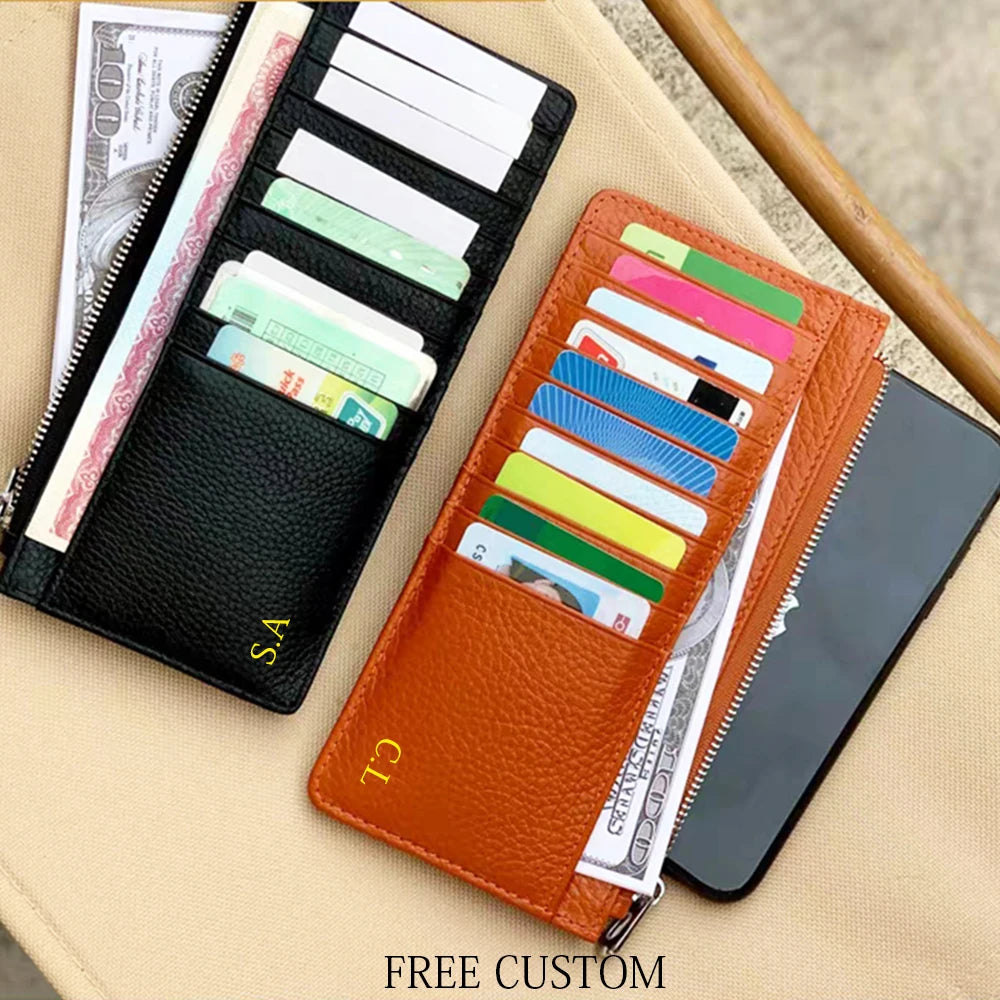 Custom Company Logo Cowhide Card Holder Woman Man Fashion Slim Mini Card Bag Genuine Leather Engrave Name Luxury Casual Purse