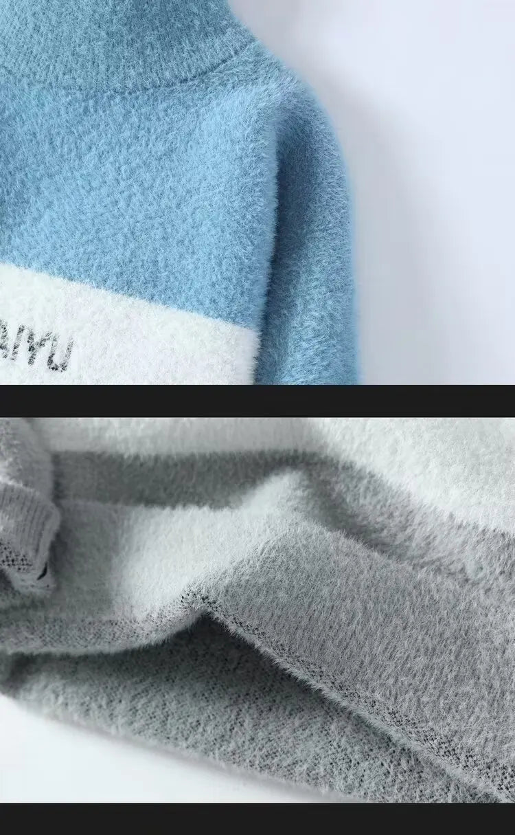 New Men's Plush Sweater Pullovers Korean Winter Warm O Neck Colorblock Sweater High Quality Cool Top Fashionable Men's Clothing