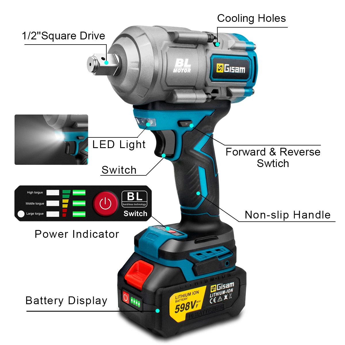 Gisam 2000N.M Torque Brushless Electric Impact Wrench 1/2 inch Screwdriver Cordless Wrench Power Tool For Makita 18V Battery Pin