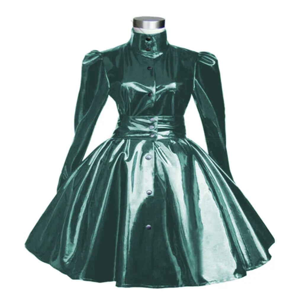 Plus Size Sweet Girl Mini Dress PVC Leather High Neck Button Pleated  A-line Dress Preppy Style Back Zipper Long Sleeve Dress