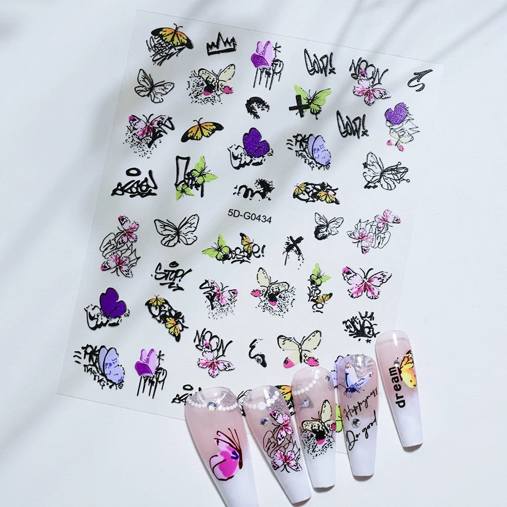 1PC 5D Macaron Flower/Fruit Nail Charms Sticker Embossed Bear/Rabbit/Letter Nails Slider Decals Summer Adhesive Manicure Decor&Y