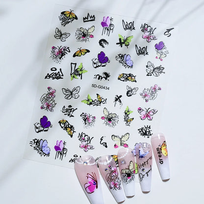 1PC 5D Macaron Flower/Fruit Nail Charms Sticker Embossed Bear/Rabbit/Letter Nails Slider Decals Summer Adhesive Manicure Decor&Y