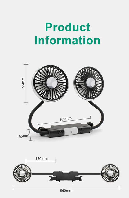 EAFC 3-speed Car Seat Back Cooling Fan USB Charge Dual Head Fan LED Lighting 360 Degree Rotation Neck Cooler for Home Use Travel