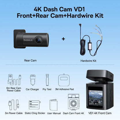 Baseus 4K Dash Cam VD1 Pro Front and Rear UHD Car Camera for SONY Sensor Supercapatior Night Vision WiFi6 DVR Video Recorder
