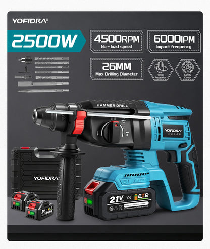 YOFIDRA 26MM Brushless Electric Hammer Drill Multifunctional Rotary Cordless Rechargeable Power Tools For Makita Battery Pin