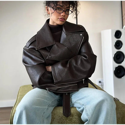 Retro Brown Lace Up Lapel Leather Jacket Women Fashion Zipper Pocket Full Sleeve Short Coat 2025 New Autumn High Street Outwears