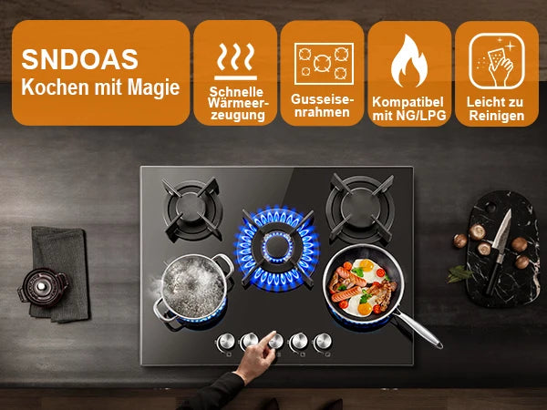 5 Burners 70 cm Glass with Automatic Flame Protection, Natural Gas Propane Gas, Built-in Gas Hob