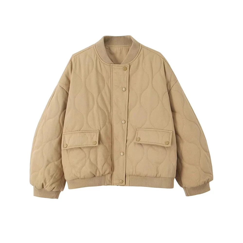 Women Fashion Oversized Thick Warm Quilted Bomber Jackets Coat Vintage Long Sleeves Snap-button Female Outerwear Chic Tops