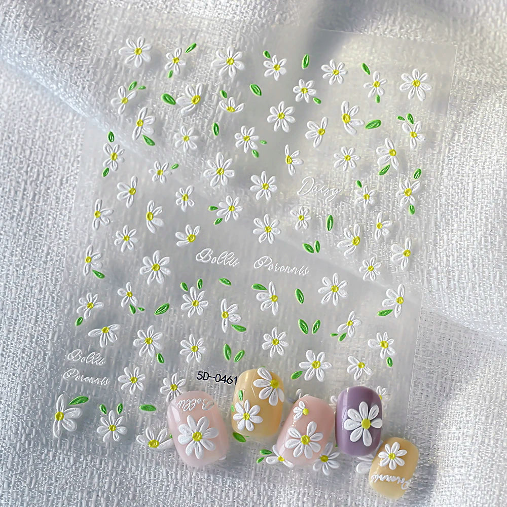 2pcs 5D White Daisy Design Nail Art Stickers Embossed Daisy Floret Green Leaf Nail Art Decals DIY Spring Summer Decor Stickers