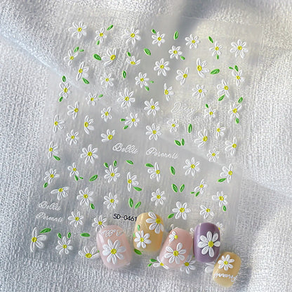 2pcs 5D White Daisy Design Nail Art Stickers Embossed Daisy Floret Green Leaf Nail Art Decals DIY Spring Summer Decor Stickers