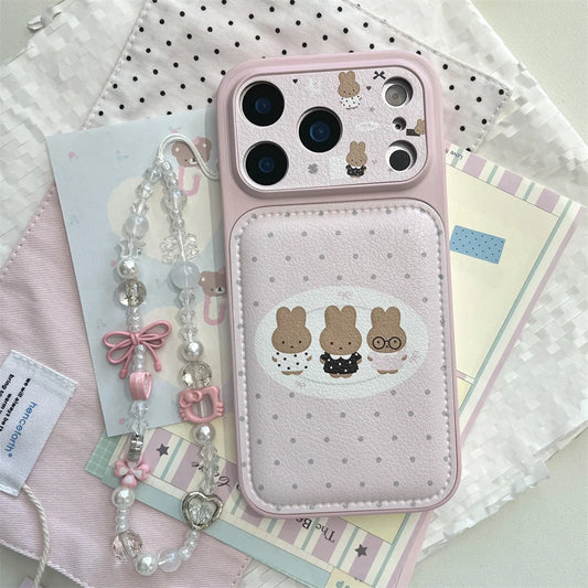 Polkadot Leather Funny Miffy Rabbit phone case for iPhone 15 Pro 14 13 16 Max 17 Pro Max Cover With Chain Cute Cartoon Cases Cap