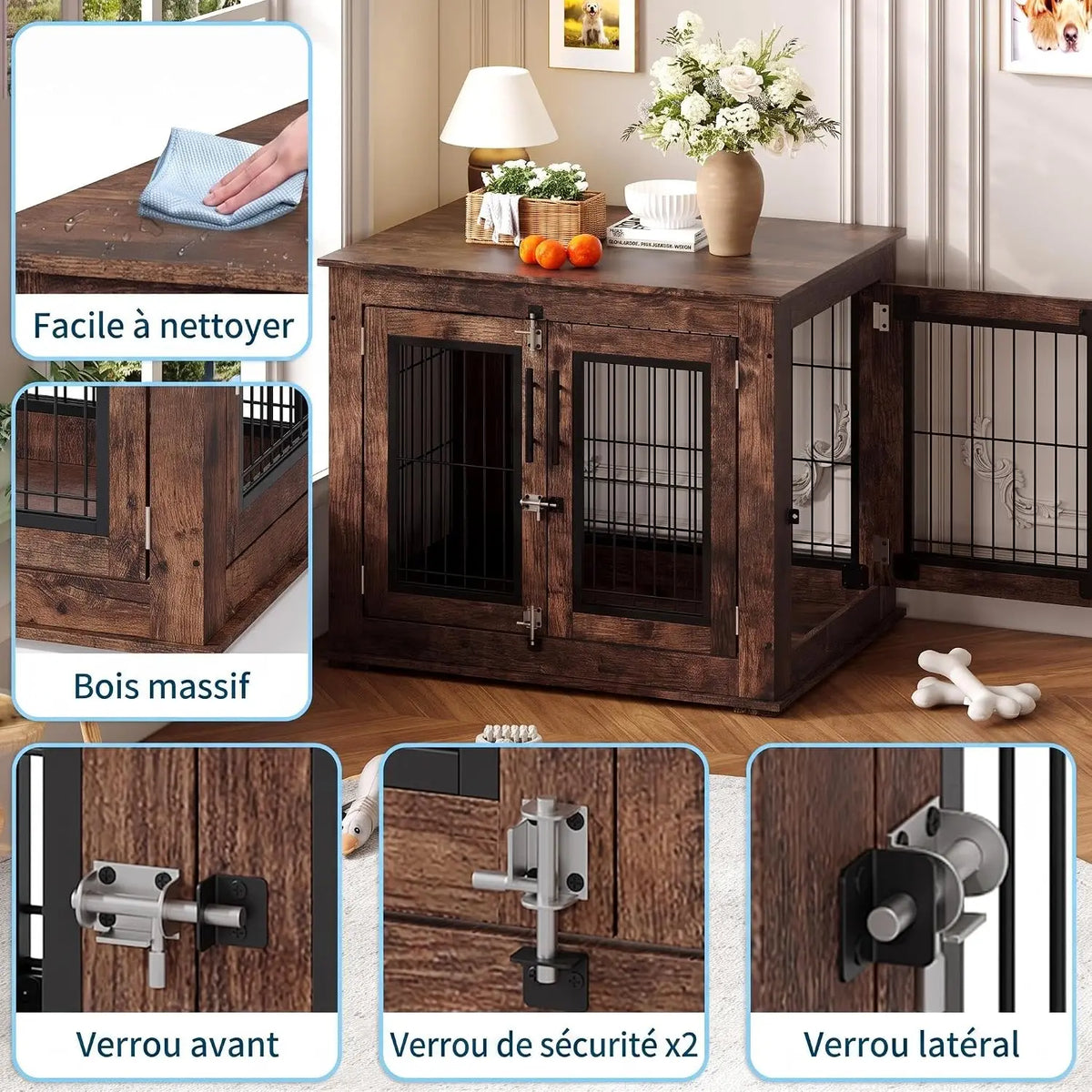 Garvee Wooden Dog Crate Furniture 80×60×66cm, Rustic Brown Pet Kennel with Openable Top and Double Lockable Doors, Bite Resistant Escape Proof Indoor Dog House Side Table