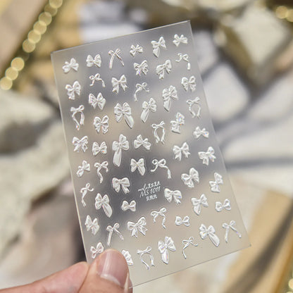Shell Light Nail Stickers Small Fresh White Bow Ribbon Nail Charms Stickers Self Adhesive Nails 3D Decorations Parts DIY Decals