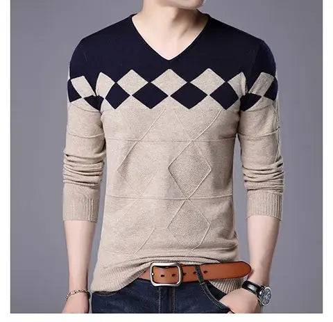 Autumn Winter New Men V-neck Pullover Sweaters Plaid Casual Korean Clothing Tees Fashion Slim Long Sleeve Bottoming Knitted Tops
