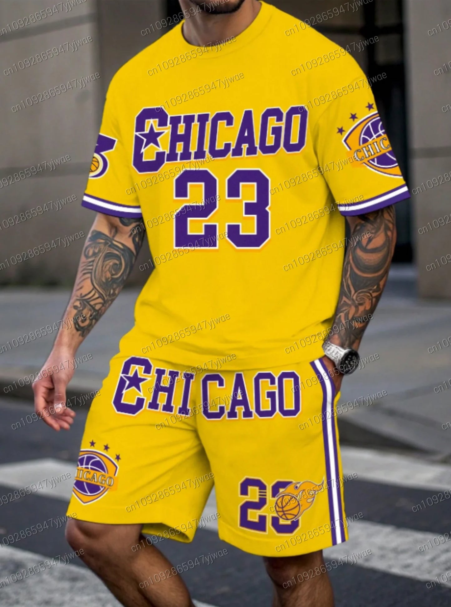 New In Chiago No.23 Print Men's yellow Casual Short Sleeve T-Shirt Shorts Set Adult Basketball Jogging  2 Piece Set men Clothing
