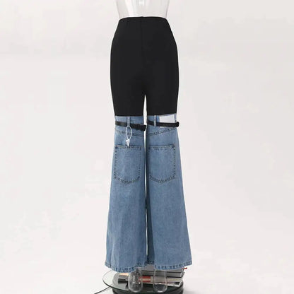 LGRQ Denim Patchwork Pants For Women Fashion New High Waist Contrast Color Belt Straight Pant Female 2026 Summer New 17A2013H