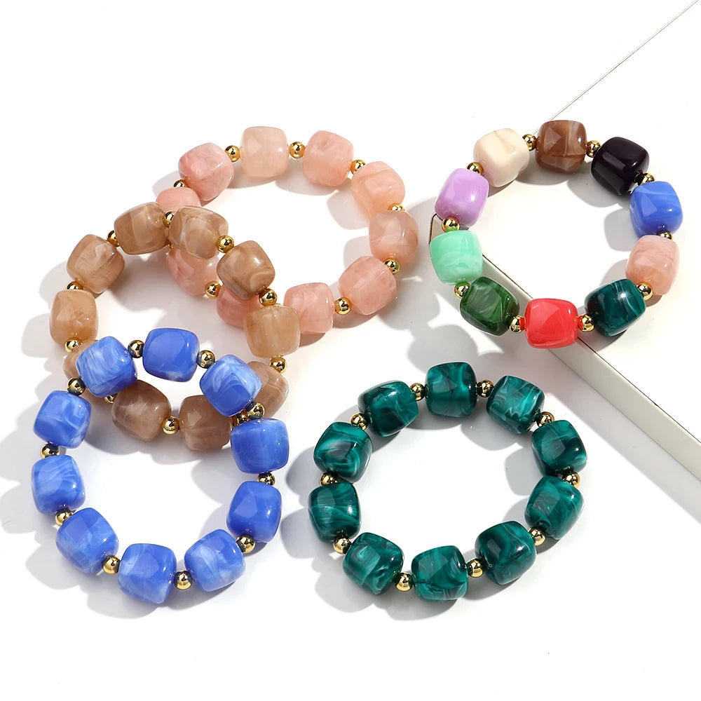 Acrylic Square Beads Elastic Bracelets for Women Boho Irregular Stone Shape Beaded Handmade Bracelet Bangle Retro Jewelry Gifts