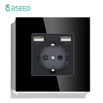 BSEED Touch Light Switch With EU USB Wall Sockets Black Wall Led Switches 1/2/3Gang 1Way Crystal Dark Blue Backlight Wall Switch