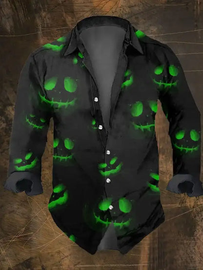Halloween Men's Dark Skull Prints Casual Long Sleeve Shirt-Vintage Skull Floral Print,Regular Fit,Lapel Collar, Polyester Blend