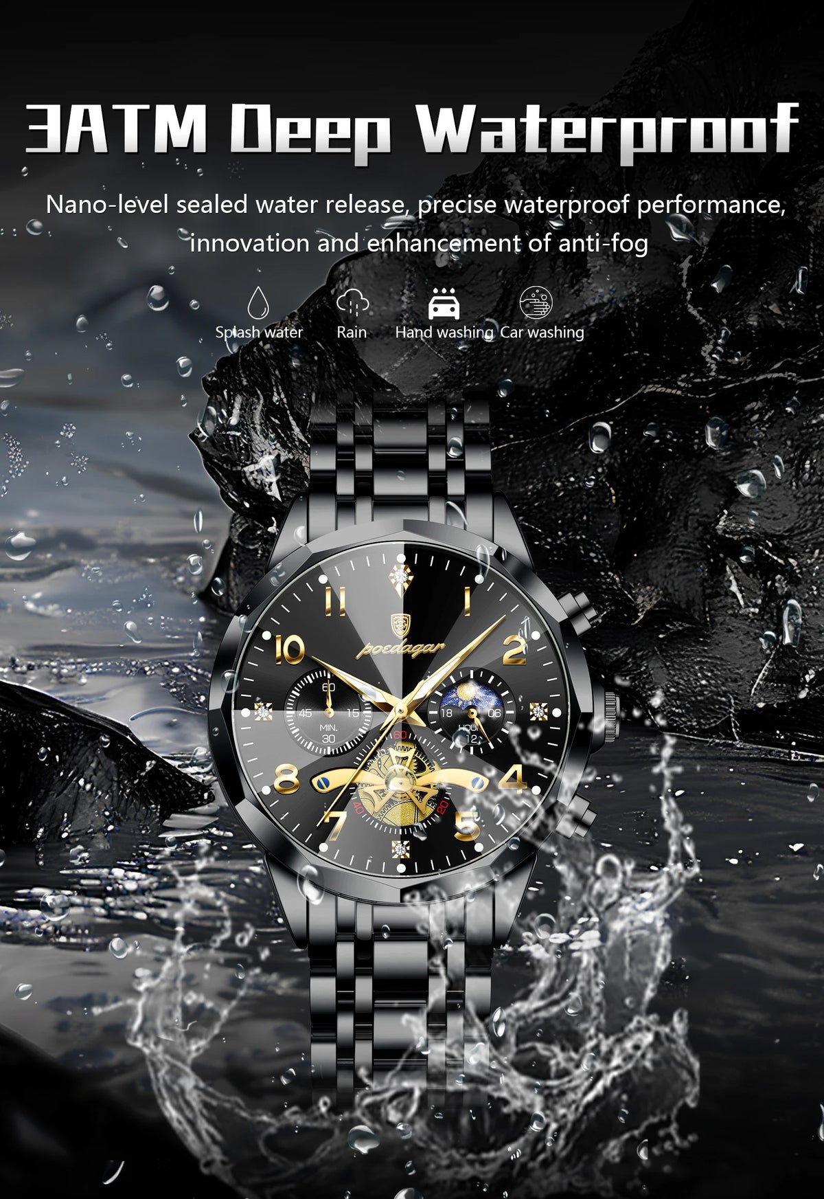 POEDAGAR Luxury High Quality Man Wristwatch Chronograph Stainless Steel Quartz Men's Watches Waterproof Luminous Men Clock Reloj