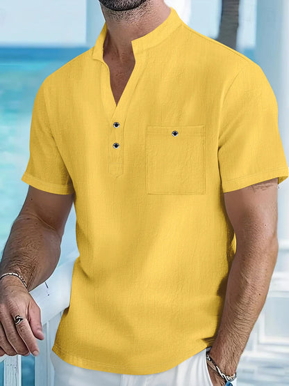 Summer Men's Cotton and Linen Shirt Casual Short Sleeved Stand Up Collar Top Breathable Loose Men's Fashionable Streetwear