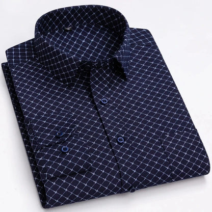 Men's Long Sleeve Shirt High-quality Fashion Casual Print Plaid Stripe Single Pocket Fit Business Formal Office Four Season Top
