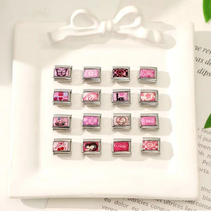 Wholesale Sweet Pink Series Stars Heart Flowers Butterfly Italian Link Fit 9mm Stainless Steel Bracelet Making DIY Charm Jewelry