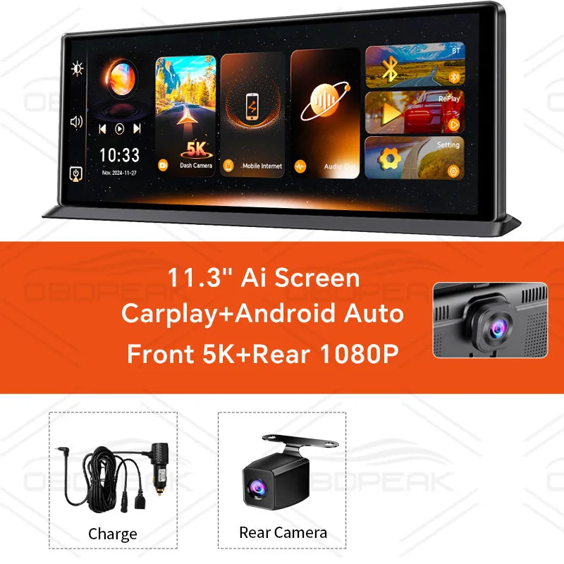 K8 Pro 11.3"  Touch Screen Car Camera 5K Dash Cam GPS 5G WiFi Wireless CarPlay & Android Auto Loop Recording GPS Navigation DVR