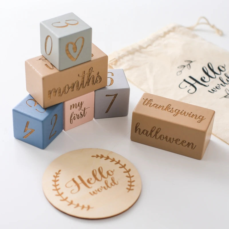 Baby Wooden Milestone Blocks 0-12 Months Newborn Birth Grow up High Quality Commemorate Props Infant Photography Accessoriees