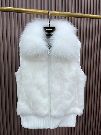 Women's Genuine Real Rabbit Fur Vest Coat Knitting Winter Fox Fur Collar Fur Jacket Casual Short Outwear Slim with Zipper