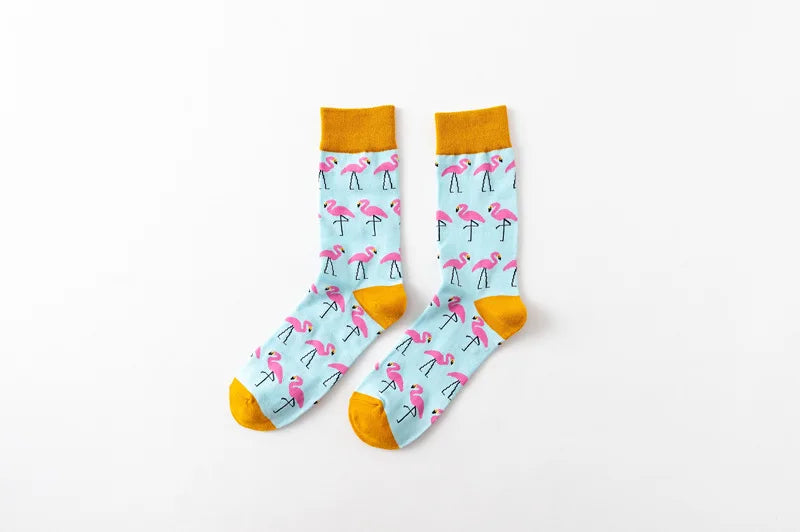 1Pair 35-44 Men Casual Cotton Sock Harajuku Cartoon Flamingo Loving Heart Cute Funny Character Japanese Socks