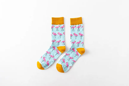 1Pair 35-44 Men Casual Cotton Sock Harajuku Cartoon Flamingo Loving Heart Cute Funny Character Japanese Socks