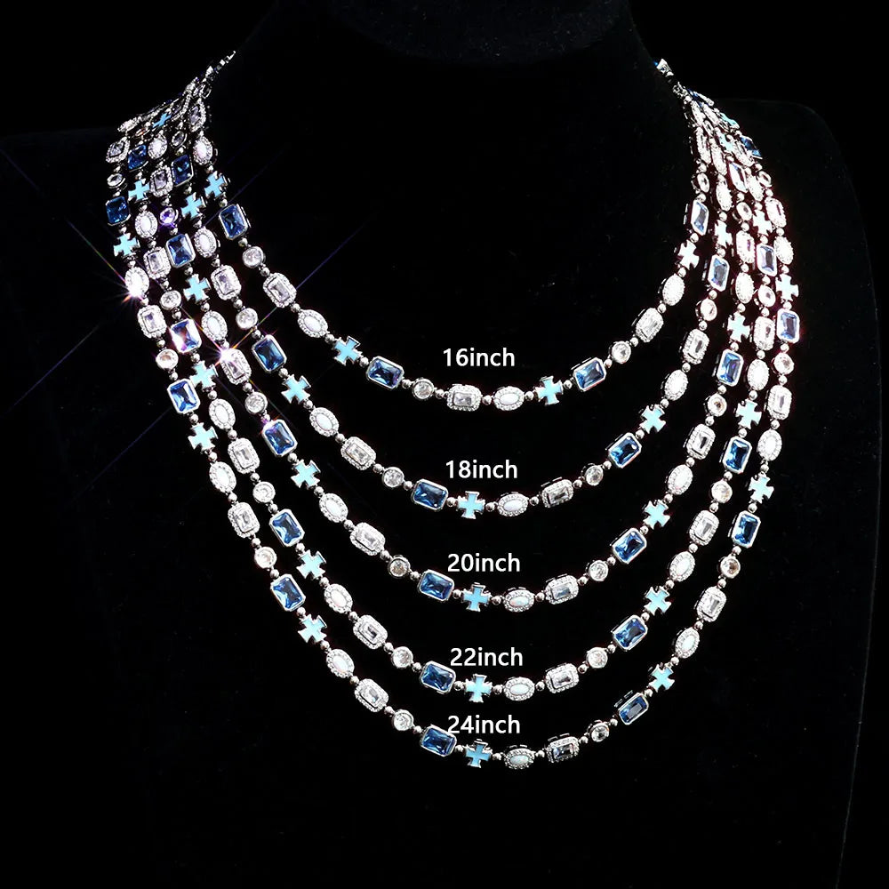 ESKEEM 6mm Geometric Blue Gemstone Necklace Oil Drip Cross Pendant Iced Out CZ Stones Opal Chain Hip Hop Jewelry Men Women Gift
